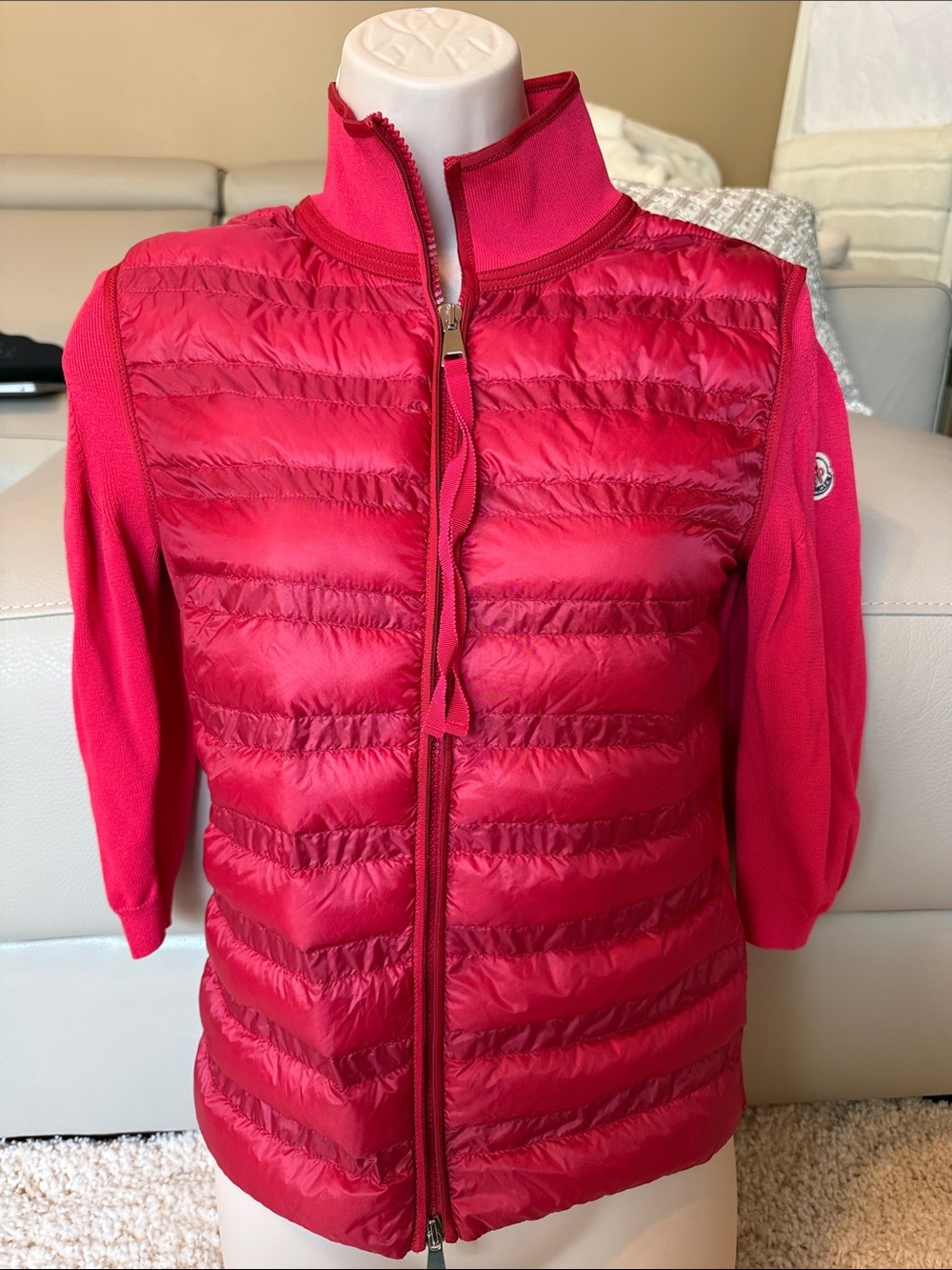 Moncler Hot Pink small Knit Sleeve Puffer Jacket Maglia cardigan down feather